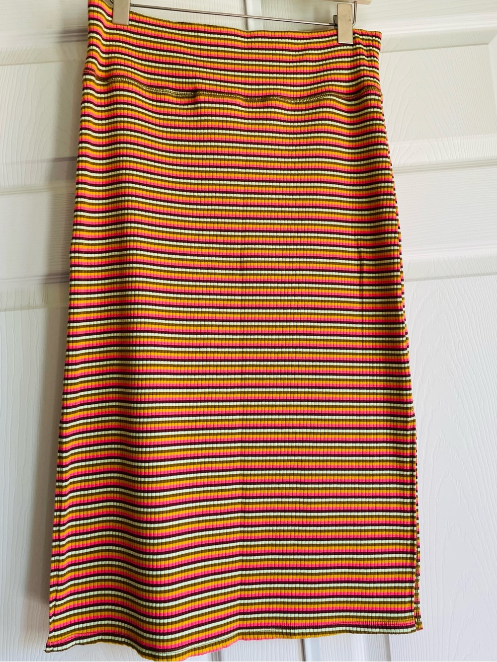 aerie Multicolor Striped Ribbed Midi Skirt in pink, Yellow, Green, plum, Cream